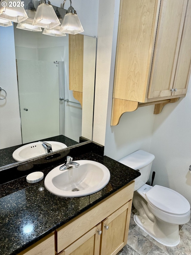 full bathroom featuring toilet, a shower, and vanity