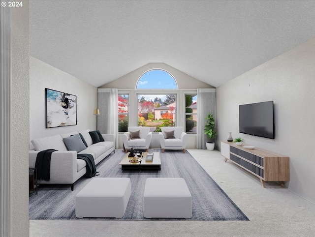 carpeted living room featuring a textured ceiling and vaulted ceiling