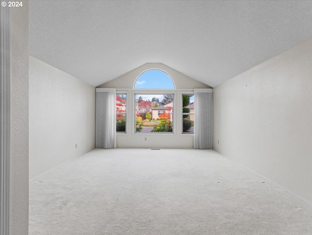 unfurnished room with light colored carpet, lofted ceiling, and a textured ceiling