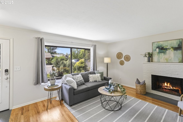 living area featuring baseboards, ornamental molding, wood finished floors, and a fireplace