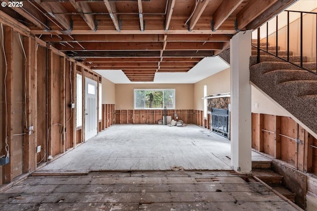 misc room with a stone fireplace