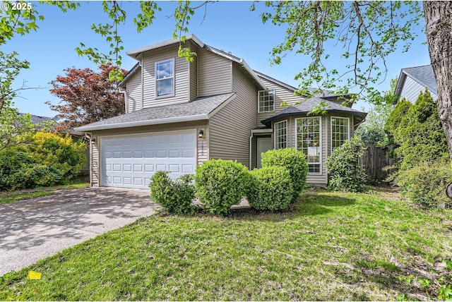 view of front of property featuring concrete driveway, an attached garage, a shingled roof, and a front yard