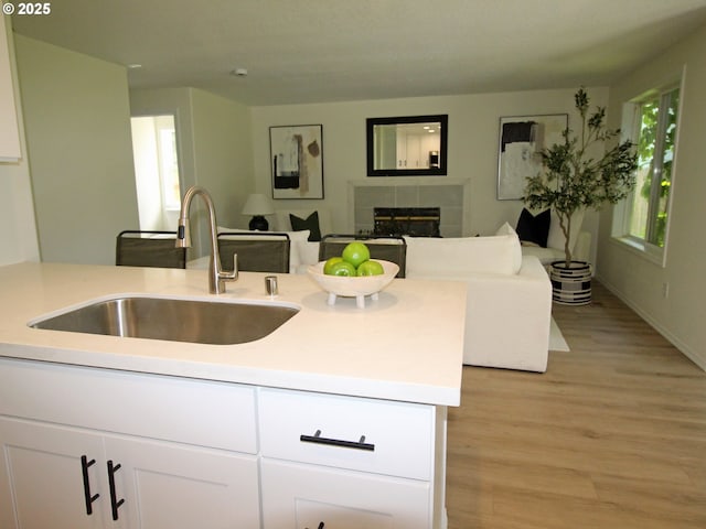 16400 NE 12th St, Vancouver, WA 98684 - kitchen with a sink, light wood finished floors, white cabinets, open floor plan, and a fireplace
