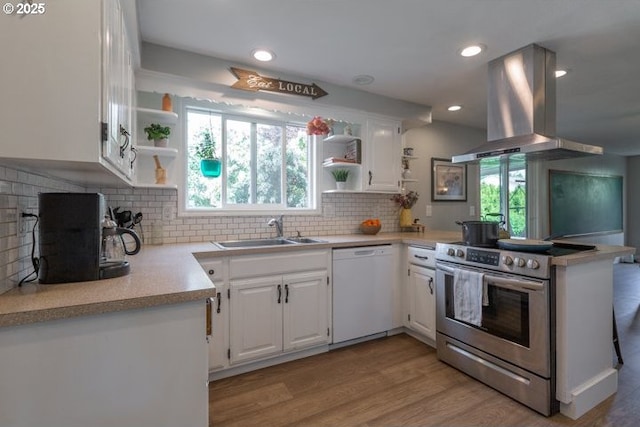 3681 Silverstone Ct NE, Salem, OR 97305 - kitchen featuring open shelves, island range hood, a sink, dishwasher, and stainless steel range with electric cooktop