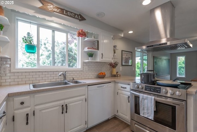 3681 Silverstone Ct NE, Salem, OR 97305 - kitchen featuring white dishwasher, stainless steel electric range oven, range hood, open shelves, and a sink
