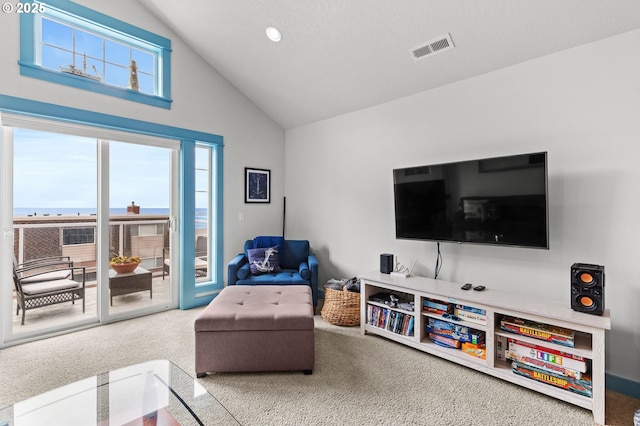 260 N Pacific St, Rockaway Beach, OR 97136 - living room featuring carpet and high vaulted ceiling