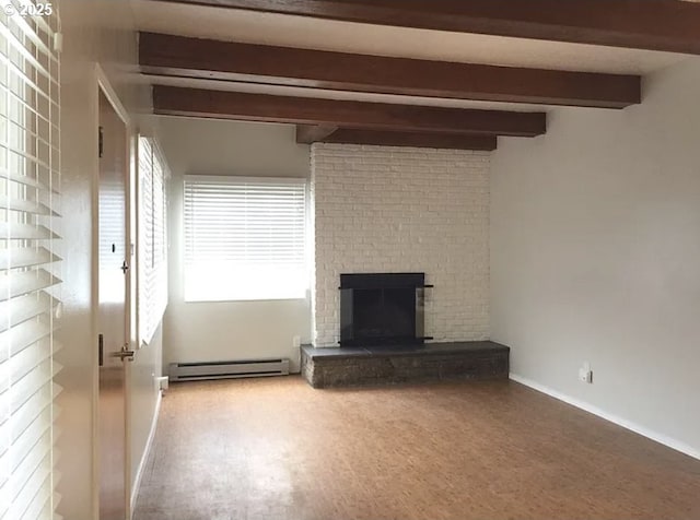 2544 NE Hoyt St, Portland, OR 97232 - unfurnished living room with beam ceiling, baseboards, a fireplace, and baseboard heating