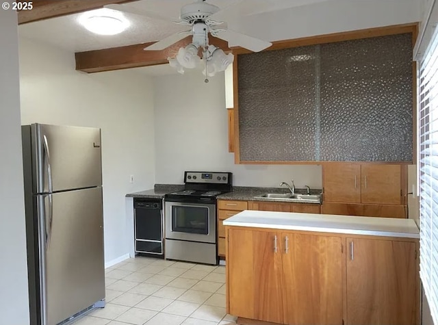 2544 NE Hoyt St, Portland, OR 97232 - kitchen featuring brown cabinetry, a peninsula, a ceiling fan, appliances with stainless steel finishes, and a sink