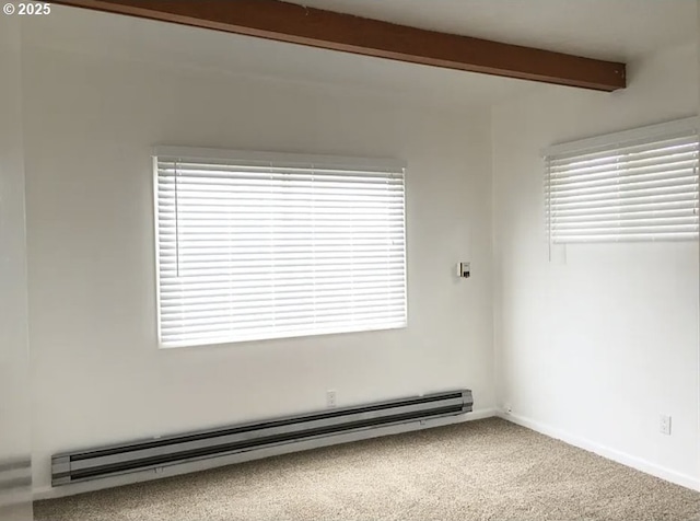 2544 NE Hoyt St, Portland, OR 97232 - unfurnished room featuring a baseboard heating unit, baseboards, carpet flooring, and beam ceiling