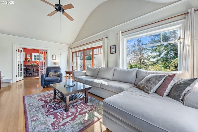 2783 NE Wiberg Ln, Portland, OR 97213 - living area featuring ceiling fan, light wood-type flooring, and high vaulted ceiling