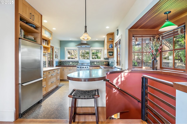 2783 NE Wiberg Ln, Portland, OR 97213 - kitchen featuring appliances with stainless steel finishes, open shelves, a sink, recessed lighting, and decorative backsplash