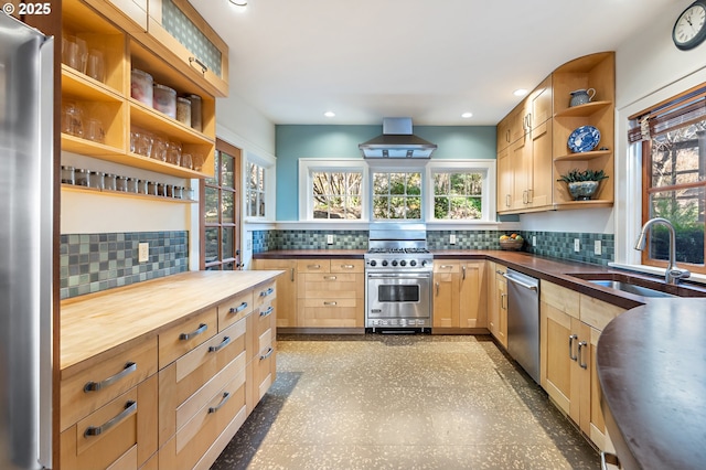 2783 NE Wiberg Ln, Portland, OR 97213 - kitchen featuring open shelves, appliances with stainless steel finishes, wall chimney range hood, light brown cabinetry, and recessed lighting