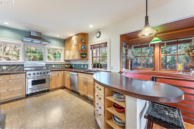 2783 NE Wiberg Ln, Portland, OR 97213 - kitchen with open shelves, stainless steel appliances, wall chimney exhaust hood, dark countertops, and light brown cabinets