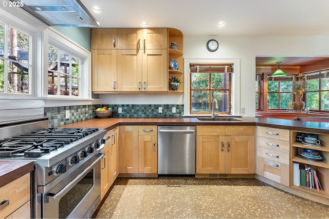 2783 NE Wiberg Ln, Portland, OR 97213 - kitchen featuring stainless steel appliances, a sink, open shelves, light brown cabinets, and decorative backsplash