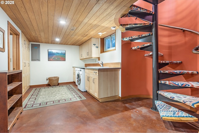 2783 NE Wiberg Ln, Portland, OR 97213 - laundry area featuring washer / dryer, wooden ceiling, recessed lighting, baseboards, and a sink