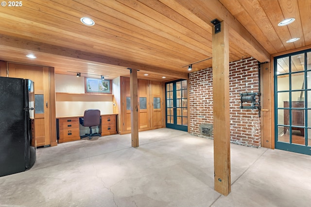 2783 NE Wiberg Ln, Portland, OR 97213 - below grade area with freestanding refrigerator, an office area, wood ceiling, french doors, and brick wall
