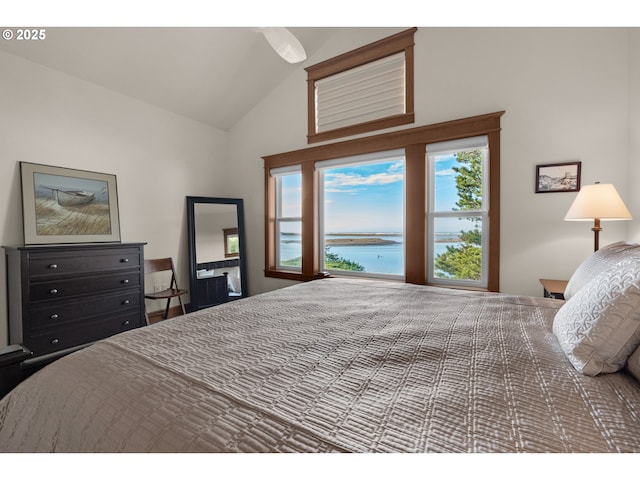 bedroom with a water view and vaulted ceiling
