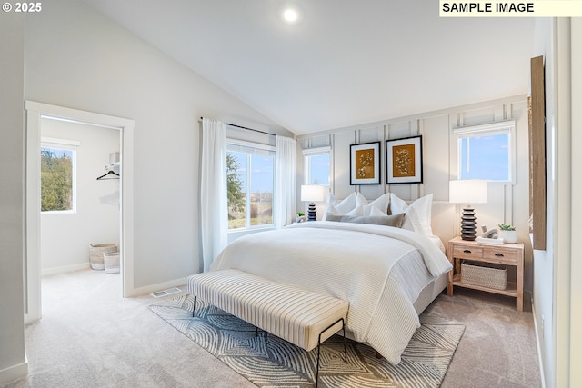 bedroom featuring carpet flooring, lofted ceiling, baseboards, and recessed lighting
