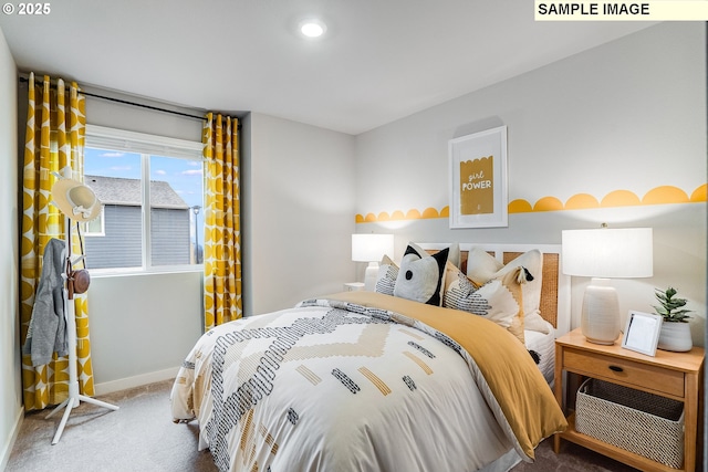 carpeted bedroom featuring baseboards and recessed lighting