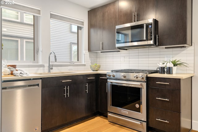 kitchen featuring a sink, stainless steel appliances, light wood-style floors, and decorative backsplash