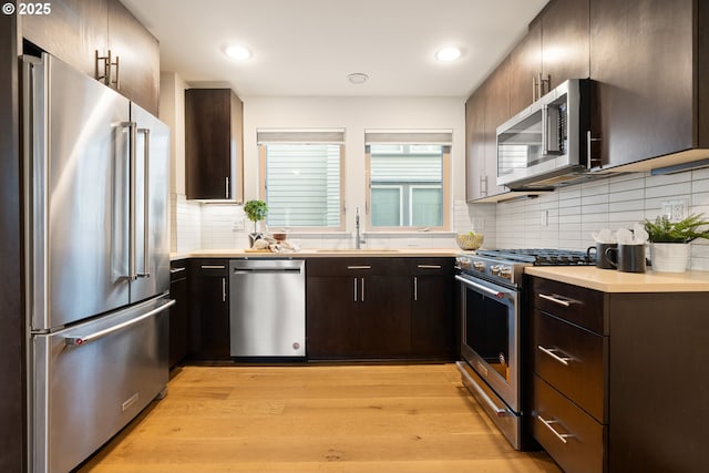 kitchen featuring light countertops, decorative backsplash, appliances with stainless steel finishes, light wood-style floors, and a sink