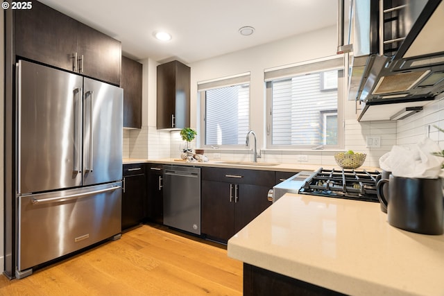 kitchen with light wood finished floors, tasteful backsplash, light countertops, stainless steel appliances, and a sink