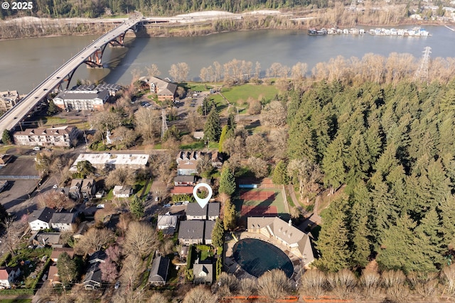 aerial view featuring a water view