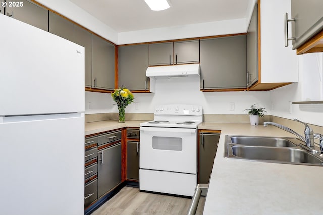 70 Jefferson Aly, Eugene, OR 97402 - kitchen with white appliances, under cabinet range hood, a sink, light countertops, and light wood-style floors
