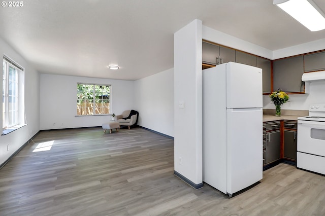 70 Jefferson Aly, Eugene, OR 97402 - kitchen featuring white appliances, light wood-style floors, open floor plan, and under cabinet range hood