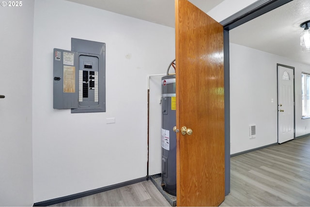 70 Jefferson Aly, Eugene, OR 97402 - corridor with light wood-type flooring, electric panel, electric water heater, and baseboards
