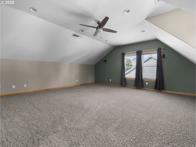 bonus room featuring carpet, lofted ceiling, ceiling fan, baseboards, and recessed lighting