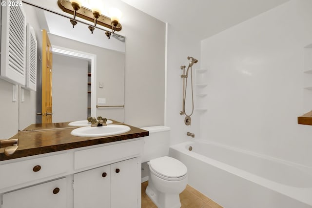 full bathroom with tile patterned floors, bathtub / shower combination, toilet, and vanity