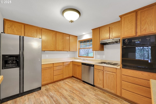 kitchen with appliances with stainless steel finishes, light hardwood / wood-style floors, and sink