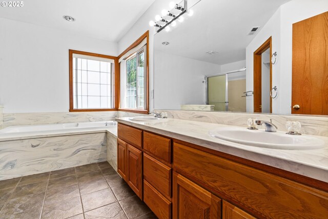 4060 Hampshire Ln, Eugene, OR 97404 - full bathroom with a garden tub, double vanity, and a stall shower