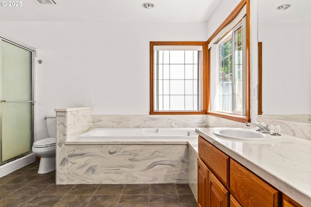 4060 Hampshire Ln, Eugene, OR 97404 - bathroom with vanity, a stall shower, and a bath