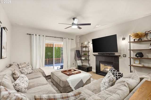 15655 SW Greenfield Dr, Portland, OR 97224 - living room featuring ceiling fan, carpet floors, and a tiled fireplace
