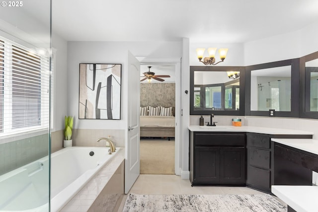 15655 SW Greenfield Dr, Portland, OR 97224 - full bath with ensuite bathroom, a bath, tile patterned floors, vanity, and a ceiling fan