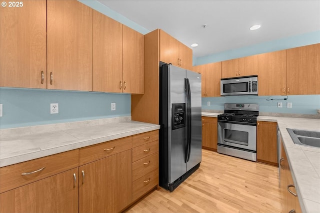 kitchen with light wood-type flooring, appliances with stainless steel finishes, and sink