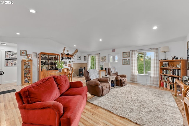 460 Huckleberry Mt Ln, Riddle, OR 97469 - living area with recessed lighting, lofted ceiling, light wood finished floors, a tile fireplace, and baseboards