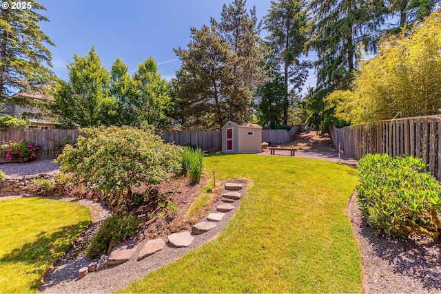 view of yard featuring a fenced backyard, a storage unit, and an outdoor structure