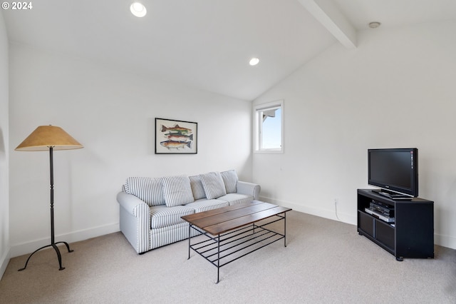 carpeted living area with baseboards, lofted ceiling with beams, and recessed lighting