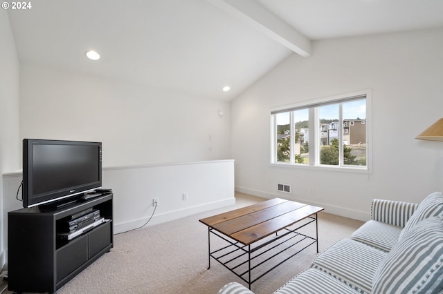 living room with carpet floors, baseboards, visible vents, and lofted ceiling with beams