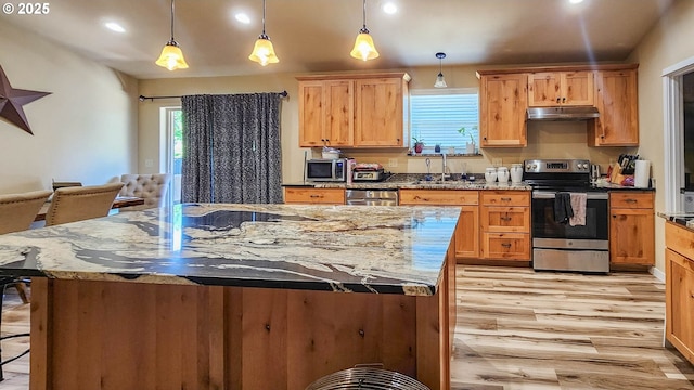 5135 Grange Rd, Roseburg, OR 97471 - kitchen featuring appliances with stainless steel finishes, under cabinet range hood, light wood-type flooring, a sink, and recessed lighting