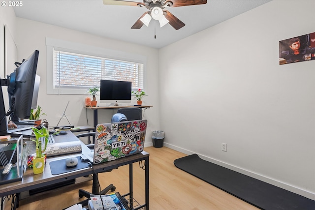 office area featuring ceiling fan and light hardwood / wood-style floors