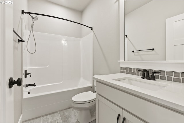 full bath with decorative backsplash, shower / tub combination, vanity, and toilet