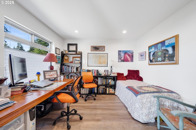 9065 8th St, Bay City, OR 97107 - bedroom featuring wood finished floors, recessed lighting, and an office area
