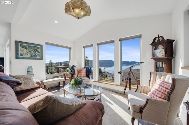 9065 8th St, Bay City, OR 97107 - living area with vaulted ceiling and a water and mountain view