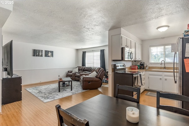 dining room featuring sink, a wealth of natural light, a textured ceiling, and light wood-type flooring