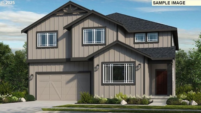 view of front facade with a shingled roof, a garage, concrete driveway, and board and batten siding