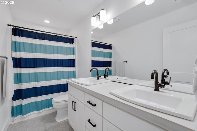 21773 SW Meadow Ter, Sherwood, OR 97140 - bathroom with double vanity, recessed lighting, and a shower with shower curtain